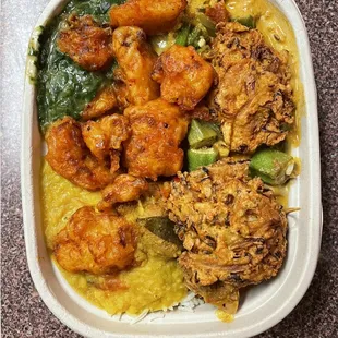 Mixed platter heaven on a plate. Crispy Cauliflower Rice Greens.