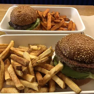 Impossible burger with avocado and fries.  Wagu burger with sweet potatoes fries  Delicious :)