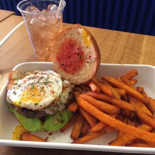 Madeleine Burger with Sweet Potato Fries