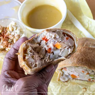 chicken pasty with chicken gravy and a side of macaroni salad