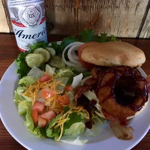 Western Burger-pepperjack cheese, crispy bacon, fresh fried onion rings and BBQ sauce
