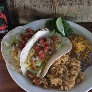 Fried fish tacos, rice and beans with kindkaiders jalapeño ale