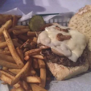 Mushroom Swiss burger on ciabatta bread