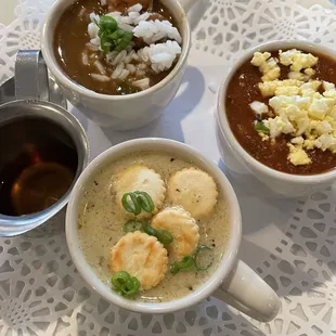 A soup trilogy of turtle, gumbo, and some sort of fantastic crab.