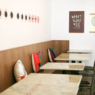 tables and chairs in a restaurant