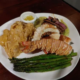 Steak and lobster, with perfect potatoes and asparagus