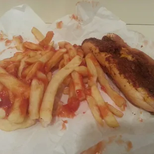 Chili dog with fries. (They will ask if you want ketchup on your fries).