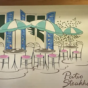 tables and chairs with umbrellas