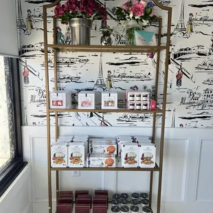 a shelf with various items