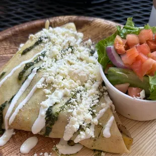 Mediterranean Crepe $12.95. Pesto feta spread, roasted red peppers, green peppers, onions, zucchini, squash, feta, pesto. V, GF