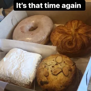 Brown butter donut, kouign amann, beignet, and cherry almond scone