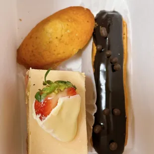 Fraisier($6.95, bottom), chocolate eclair ($6,right), Madeleine