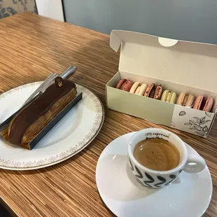 Eclair, Macarons, Espresso.