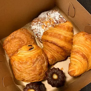 Chocolate croissant, almond-chocolate croissant, regular croissant, canele