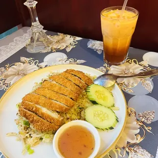 crispy chicken fried rice and Thai ice tea