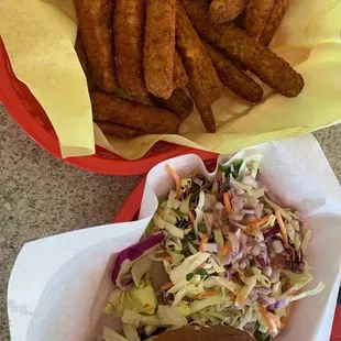 vegetarian burger and fried zucchini