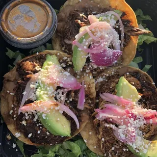 Chicken Tostadas en Mole Negro Sauce