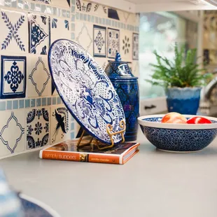 2019 Kitchen remodel back-splash all the way to ceiling - traditional blue &amp; white Talavera w/insets of hand-cut aqua glazed Spanish tile!