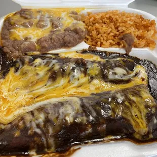 Chicken mole enchilada plate
