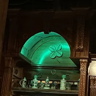 ows a green light on a shelf