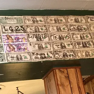 a wall covered in money