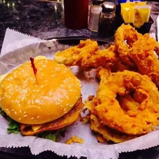 burger and onion rings