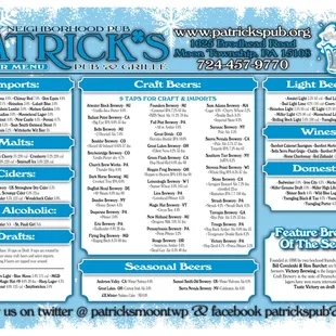 Patrick's place mat is the beer menu. Large selection of craft beers. It changes every 3 months.