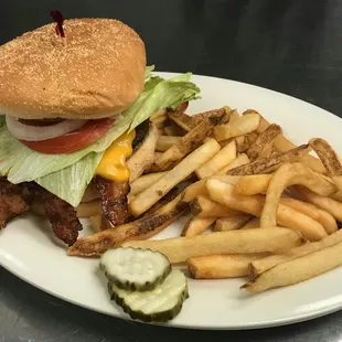 Bacon cheeseburger deluxe and french fries