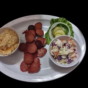 Hot Link plate with funeral potatoes and coke slaw
