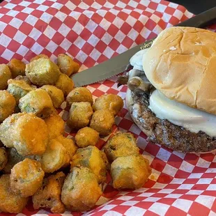 Regular size Mushroom Swiss burger with fried okra