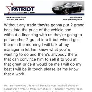 Email from my sales person about the advertised price