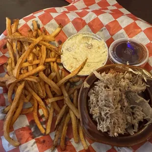 Huge portion of Bbq and fries.  Bbq was just very dry.