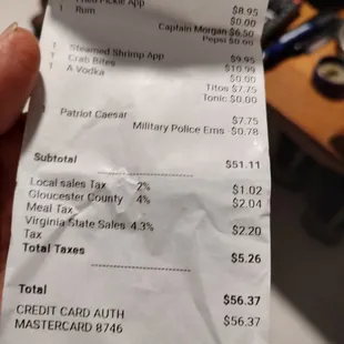 the receipt for the restaurant