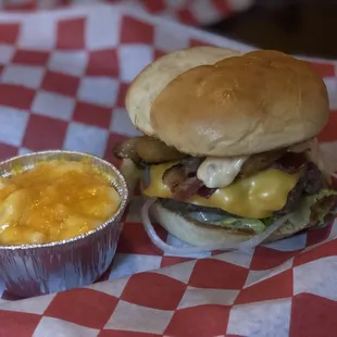 The commodore Barry burger with a side of Mac and cheese