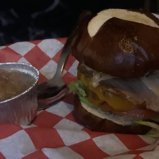 The Jamestown burger with a side of apple pie applesauce