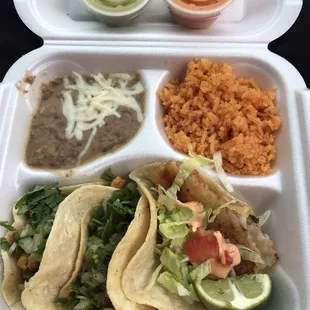 3 Taco combo (fish, tripe, chicken) and carne asada quesadilla. Super fresh made to order!