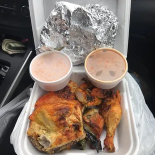 Full chicken with beans,rice,tortillas  Our bill came to $22.50 with 2 bottle sodas  1st time here smells and taste delicious