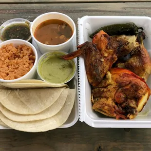 1/2 Chicken Meal (Includes Four Pieces Chicken, Charro Beans, Flavored Rice, Two Salsas, Five Tortillas, and Grilled Pepper) Delicious!