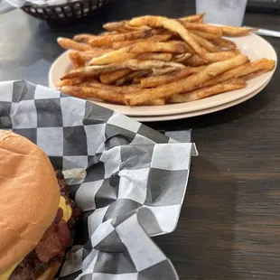 Cheeseburger with bacon and fries