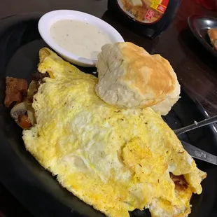 Everything omelette with biscuits and gravy