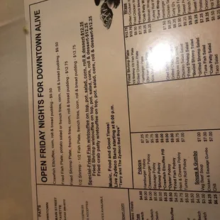 the menu for the restaurant