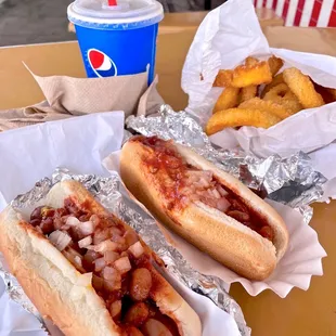 Chili dogs and onion rings
