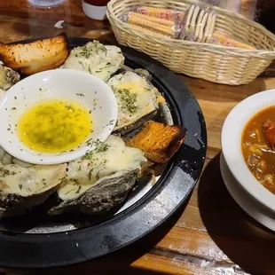 1/2 dozen charbroiled oysters and a small bowl of crawfish bisque.