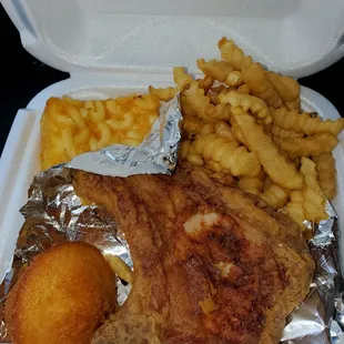 Pork chop plate (hold the gravy) french fries, mac &amp; cheese, corn muffin