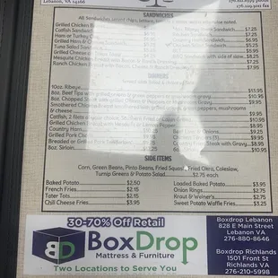 Sandwiches, Dinners and Sides