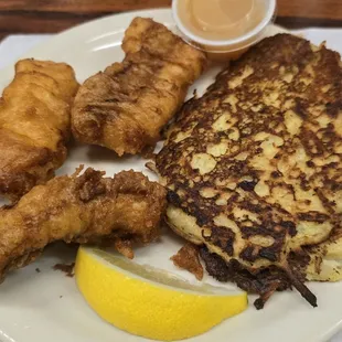All you can eat beer battered cod with potato pancakes