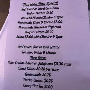 Taco special menu