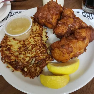 Beer battered cod and potato pancakes.