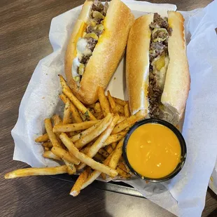 The Cheesesteak with American cheese and Cheez Wiz, plus SKINNY Krabby fries