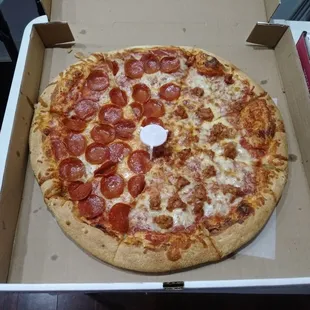 Large half-pepperoni and half-sausage Pizza